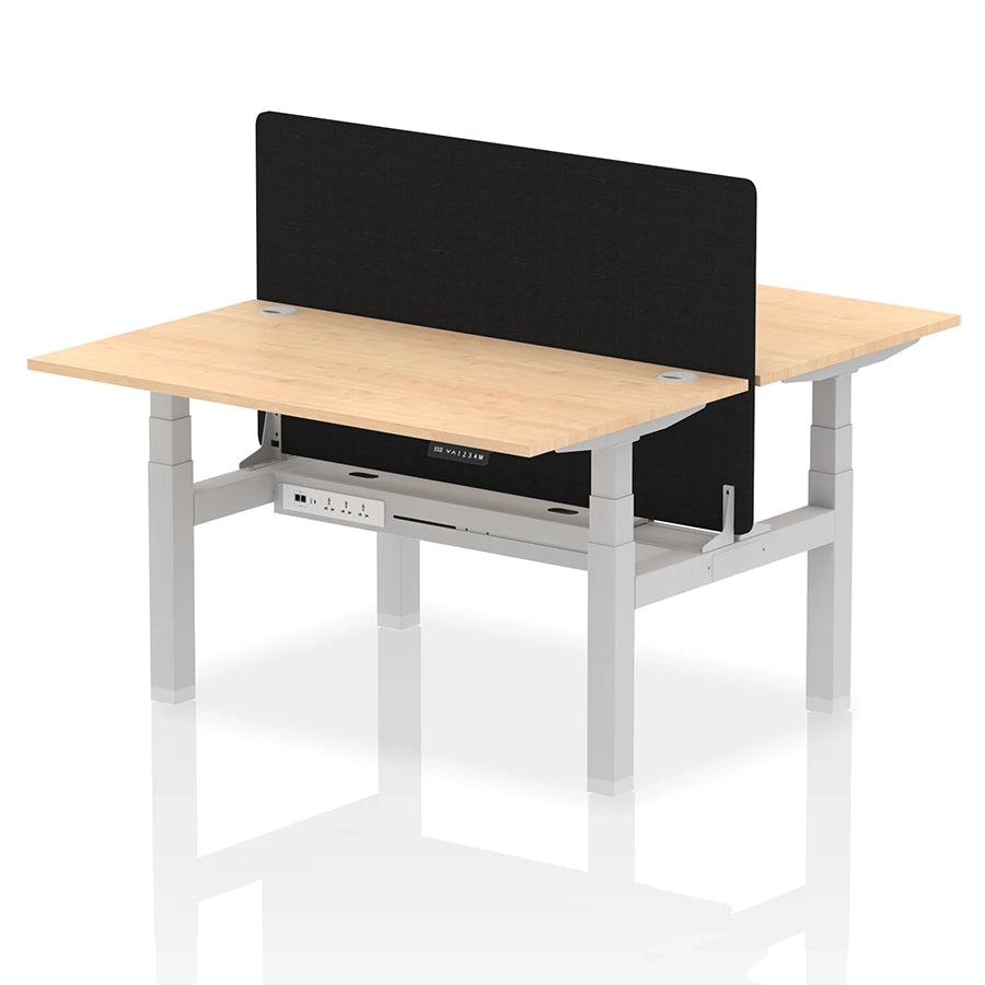 Air Back-to-Back Height Adjustable Bench Desk - 2 Person with Black Straight Screen W1400mm maple top and silver frame