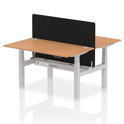 Air Back-to-Back Height Adjustable Bench Desk - 2 Person with Black Straight Screen W1400mm oak top and silver frame