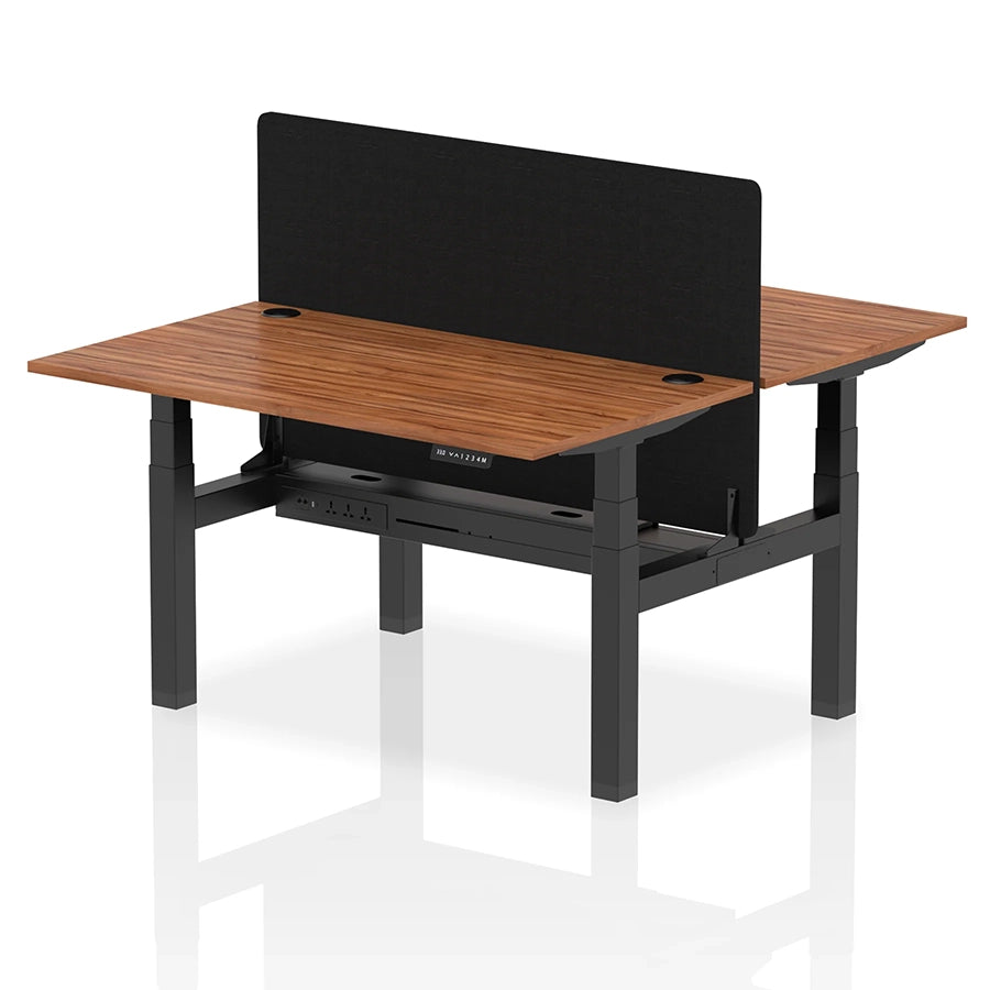Air Back-to-Back Height Adjustable Bench Desk - 2 Person with Black Straight Screen W1400mm walnut top and black frame