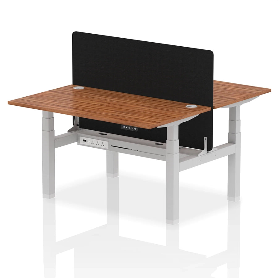 Air Back-to-Back Height Adjustable Bench Desk - 2 Person with Black Straight Screen W1400mm walnut top and silver frame