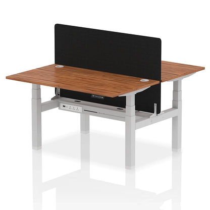 Air Back-to-Back Height Adjustable Bench Desk - 2 Person with Black Straight Screen W1400mm walnut top and silver frame