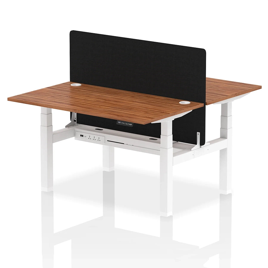 Air Back-to-Back Height Adjustable Bench Desk - 2 Person with Black Straight Screen W1400mm walnut top and white frame