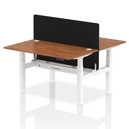 Air Back-to-Back Height Adjustable Bench Desk - 2 Person with Black Straight Screen W1400mm walnut top and white frame