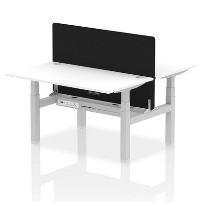 Air Back-to-Back Height Adjustable Bench Desk - 2 Person with Black Straight Screen W1400mm white top and silver frame