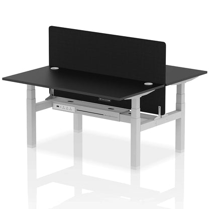 Air Back-to-Back Height Adjustable Bench Desk - 2 Person with Black Straight Screen W1600mm black top and silver frame