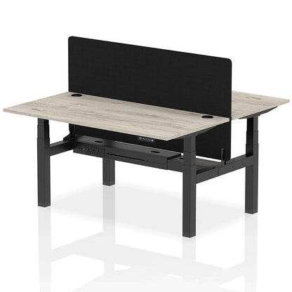 Air Back-to-Back Height Adjustable Bench Desk - 2 Person with Black Straight Screen W1600mm grey oak top and black frame