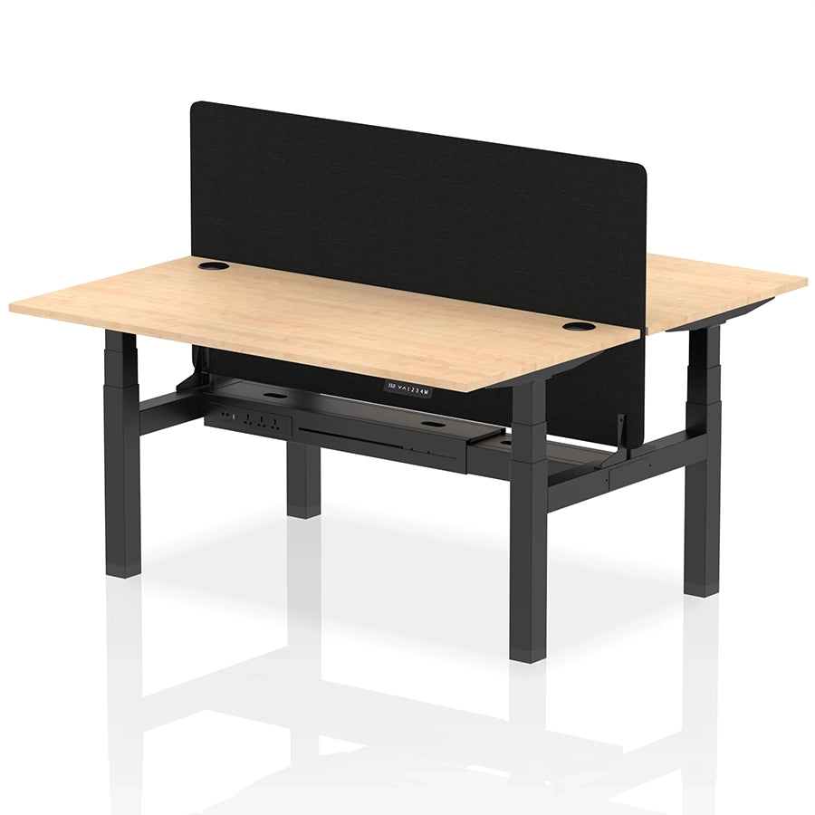 Air Back-to-Back Height Adjustable Bench Desk - 2 Person with Black Straight Screen W1600mm maple top and black frame