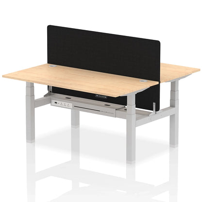 Air Back-to-Back Height Adjustable Bench Desk - 2 Person with Black Straight Screen W1600mm maple top and silver frame