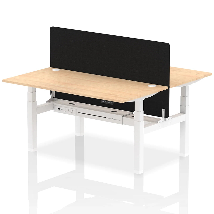 Air Back-to-Back Height Adjustable Bench Desk - 2 Person with Black Straight Screen W1600mm maple top and white frame