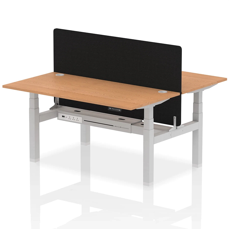 Air Back-to-Back Height Adjustable Bench Desk - 2 Person with Black Straight Screen W1600mm oak top and silver frame