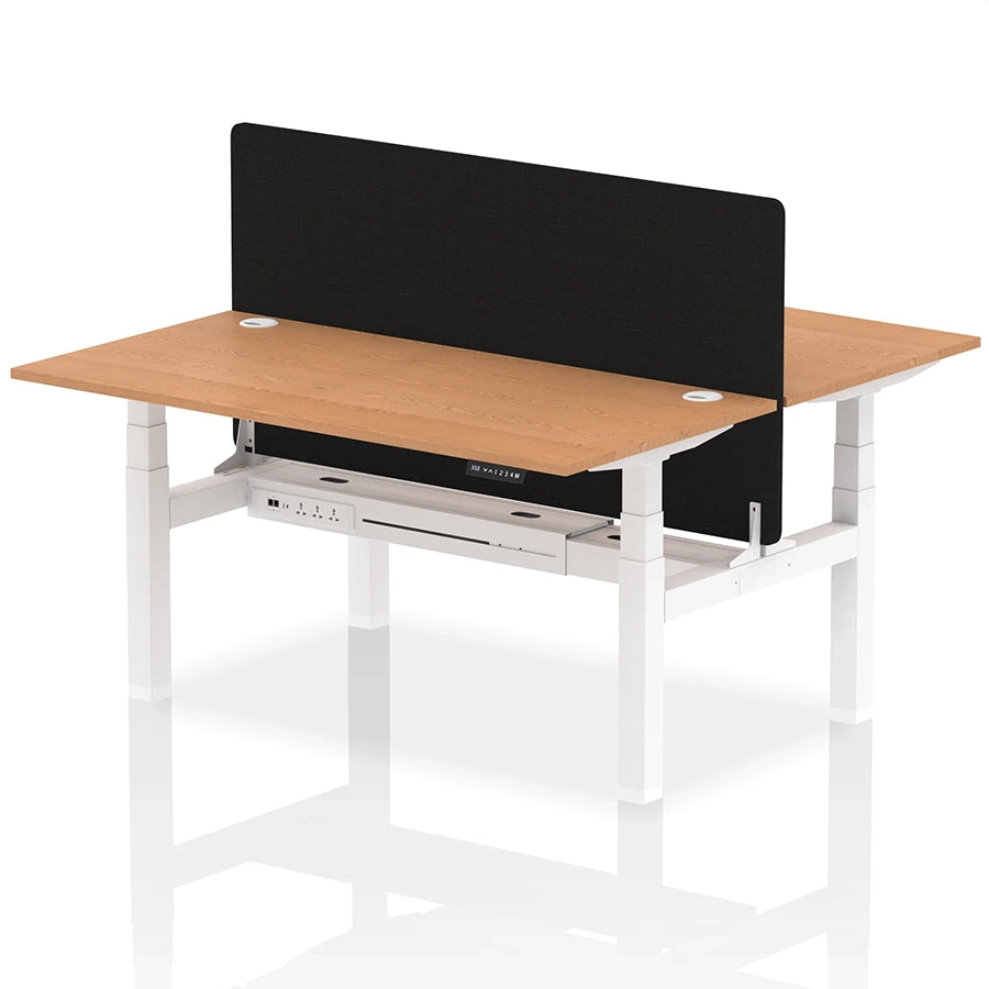 Air Back-to-Back Height Adjustable Bench Desk - 2 Person with Black Straight Screen W1600mm oak top and white frame