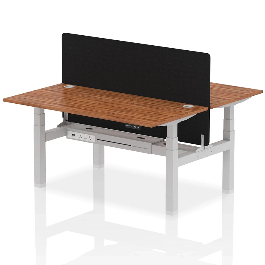 Air Back-to-Back Height Adjustable Bench Desk - 2 Person with Black Straight Screen W1600mm walnut top and silver frame