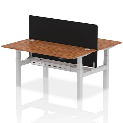 Air Back-to-Back Height Adjustable Bench Desk - 2 Person with Black Straight Screen W1600mm walnut top and silver frame