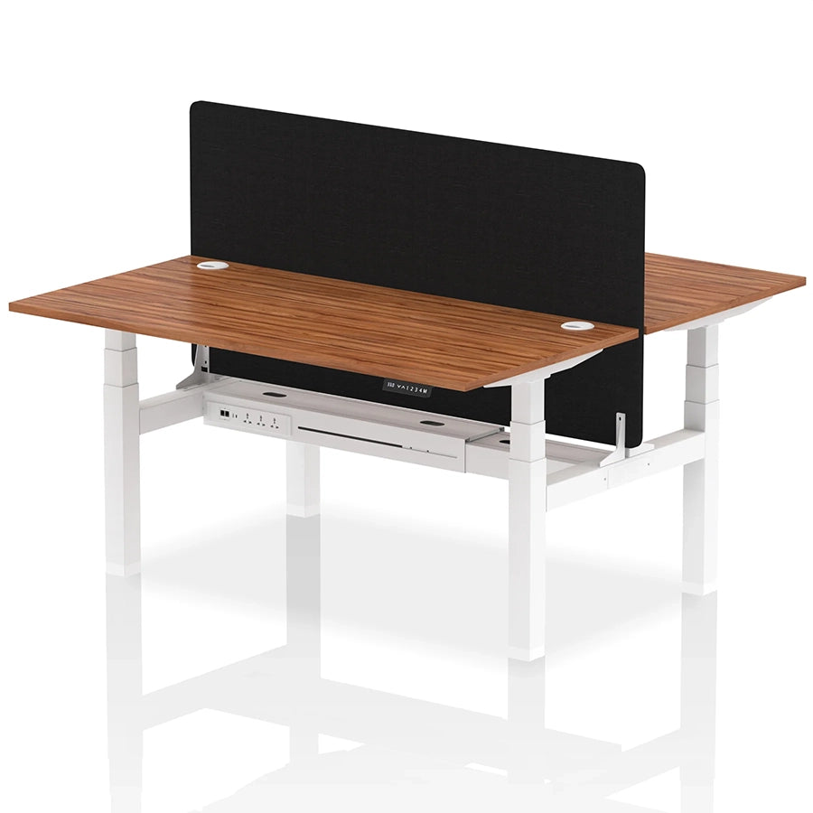 Air Back-to-Back Height Adjustable Bench Desk - 2 Person with Black Straight Screen W1600mm walnut top and white frame