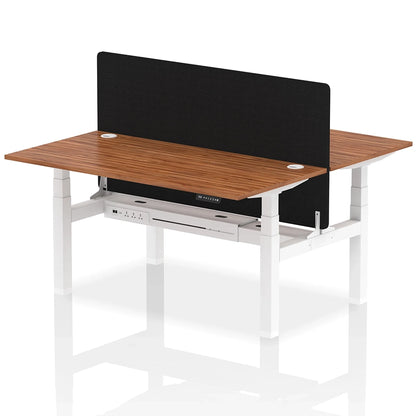 Air Back-to-Back Height Adjustable Bench Desk - 2 Person with Black Straight Screen W1600mm walnut top and white frame