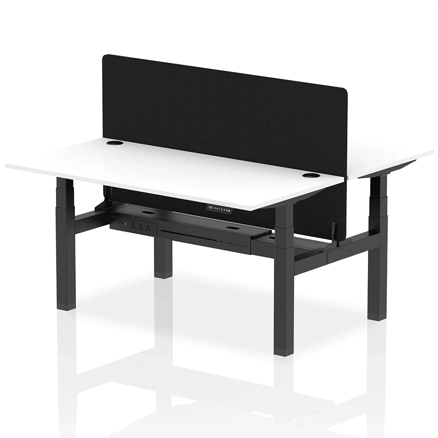 Air Back-to-Back Height Adjustable Bench Desk - 2 Person with Black Straight Screen W1600mm white top and black frame