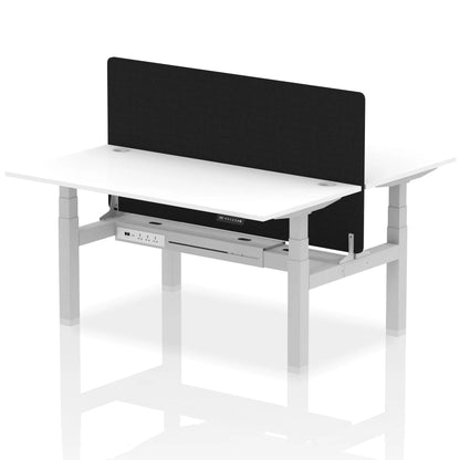 Air Back-to-Back Height Adjustable Bench Desk - 2 Person with Black Straight Screen W1600mm white top and silver frame