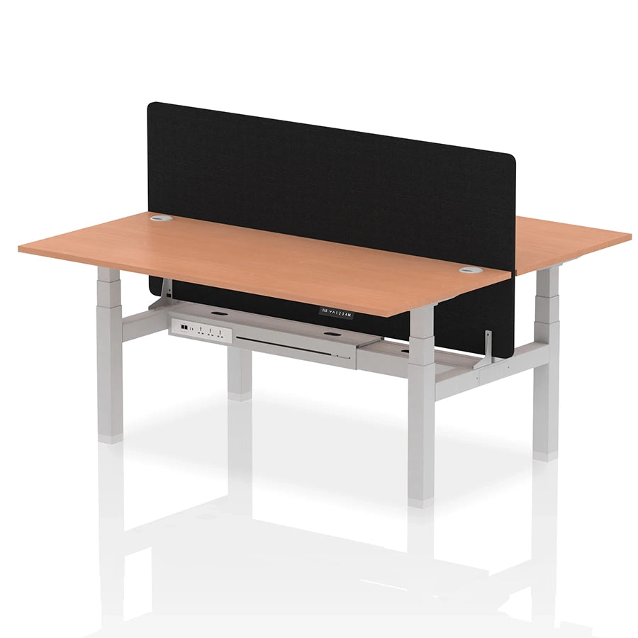 Air Back-to-Back Height Adjustable Bench Desk - 2 Person with Black Straight Screen W1800mm beech top and silver frame