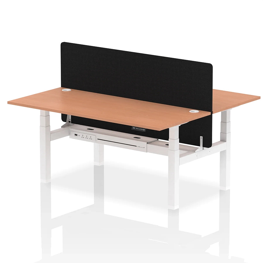 Air Back-to-Back Height Adjustable Bench Desk - 2 Person with Black Straight Screen W1800mm beech top and white frame