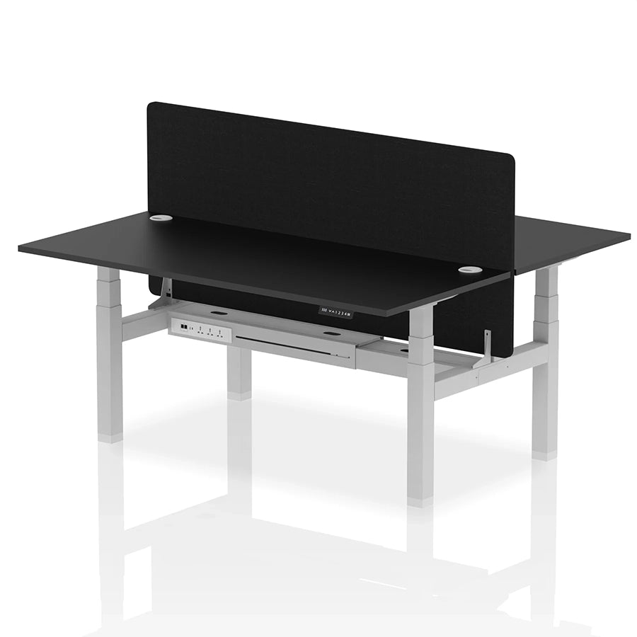 Air Back-to-Back Height Adjustable Bench Desk - 2 Person with Black Straight Screen W1800mm black top and silver frame