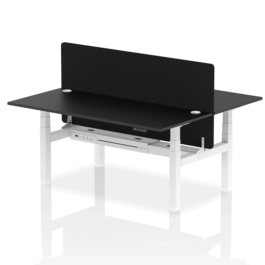 Air Back-to-Back Height Adjustable Bench Desk - 2 Person with Black Straight Screen W1800mm black top and white frame
