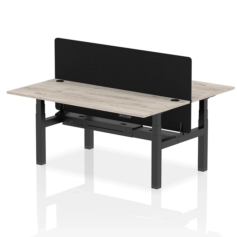 Air Back-to-Back Height Adjustable Bench Desk - 2 Person with Black Straight Screen W1800mm grey oak top and black frame