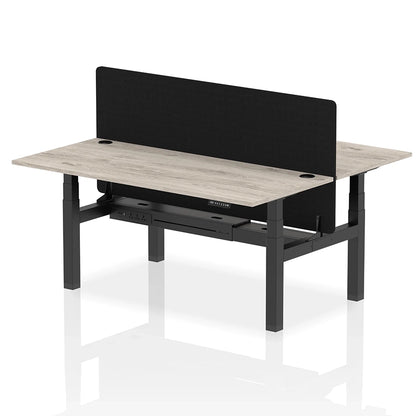 Air Back-to-Back Height Adjustable Bench Desk - 2 Person with Black Straight Screen W1800mm grey oak top and black frame