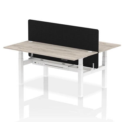 Air Back-to-Back Height Adjustable Bench Desk - 2 Person with Black Straight Screen W1800mm grey oak top and white frame