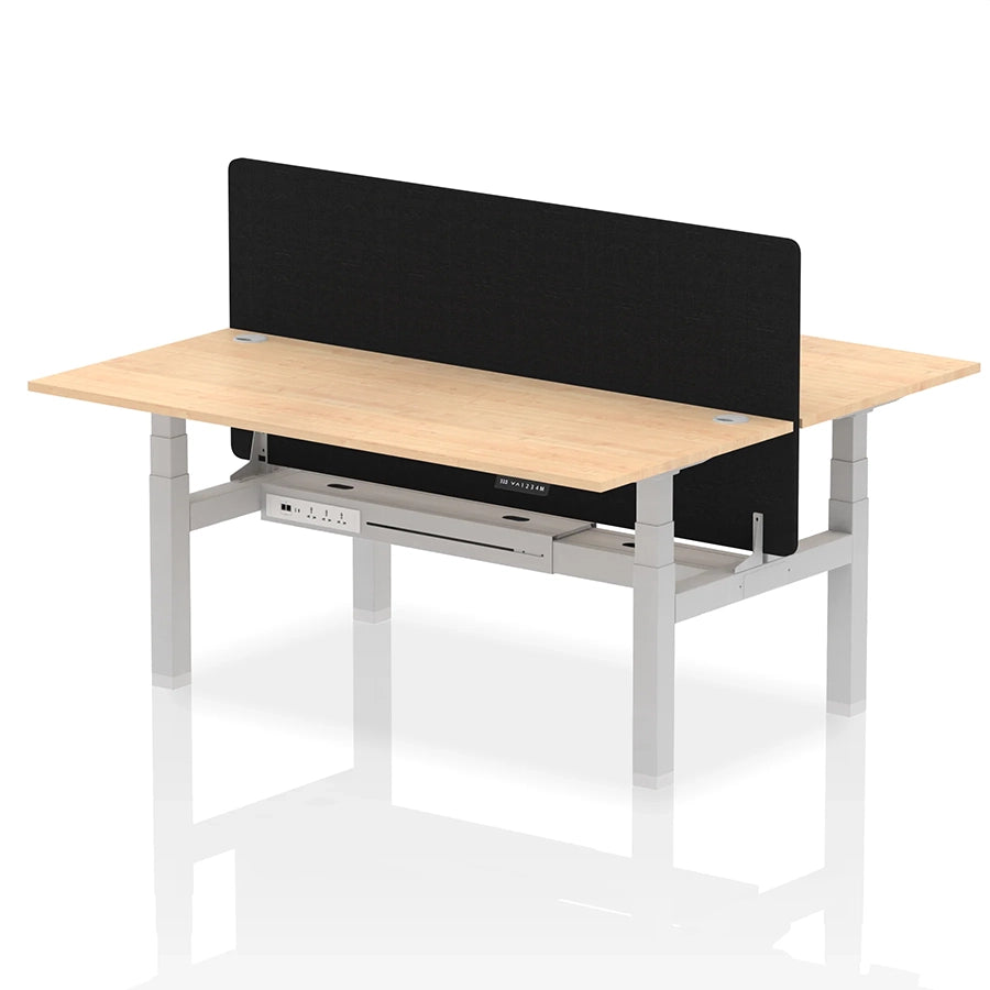 Air Back-to-Back Height Adjustable Bench Desk - 2 Person with Black Straight Screen W1800mm maple top and silver frame