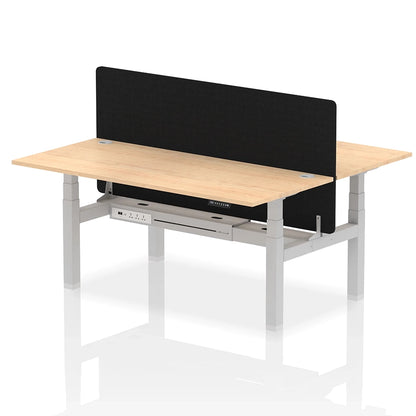Air Back-to-Back Height Adjustable Bench Desk - 2 Person with Black Straight Screen W1800mm maple top and silver frame