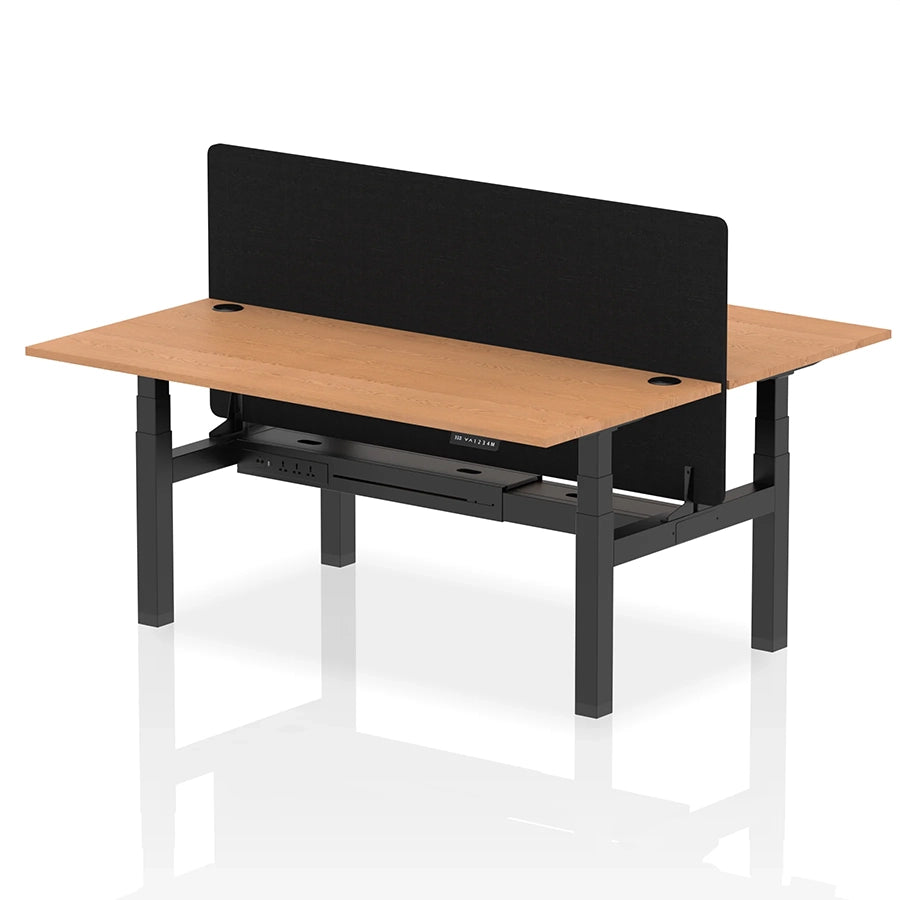 Air Back-to-Back Height Adjustable Bench Desk - 2 Person with Black Straight Screen W1800mm oak top and black frame