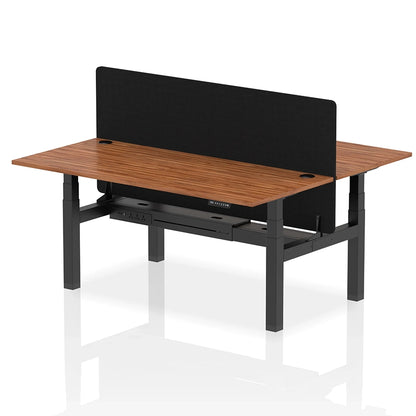 Air Back-to-Back Height Adjustable Bench Desk - 2 Person with Black Straight Screen W1800mm walnut top and black frame