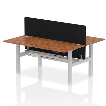 Air Back-to-Back Height Adjustable Bench Desk - 2 Person with Black Straight Screen W1800mm walnut top and silver frame