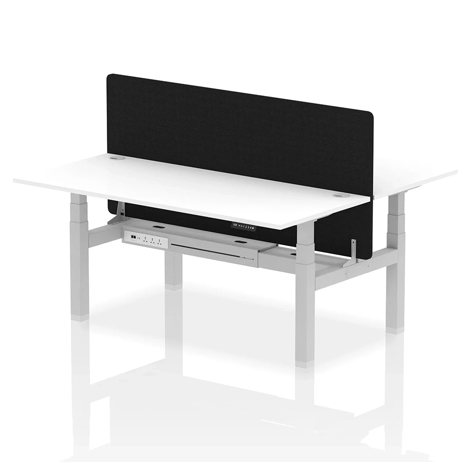 Air Back-to-Back Height Adjustable Bench Desk - 2 Person with Black Straight Screen W1800mm white top and silver frame
