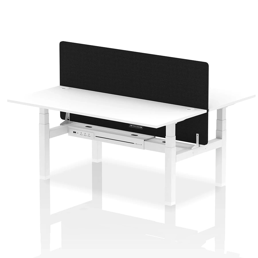 Air Back-to-Back Height Adjustable Bench Desk - 2 Person with Black Straight Screen W1800mm white top and white frame