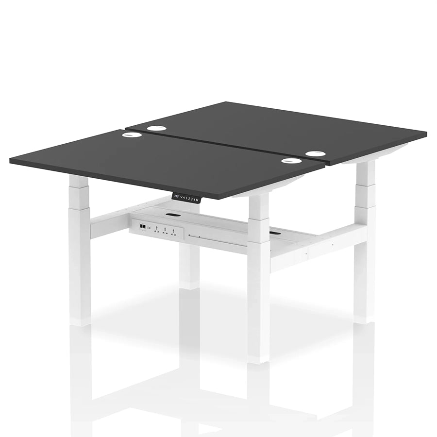 Air Back-to-Back Height Adjustable Bench Desk - 2 Person with cable ports W1200mm black top with white frame