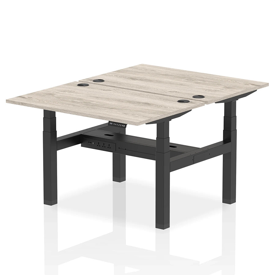 Air Back-to-Back Height Adjustable Bench Desk - 2 Person with cable ports W1200mm grey oak top with black frame