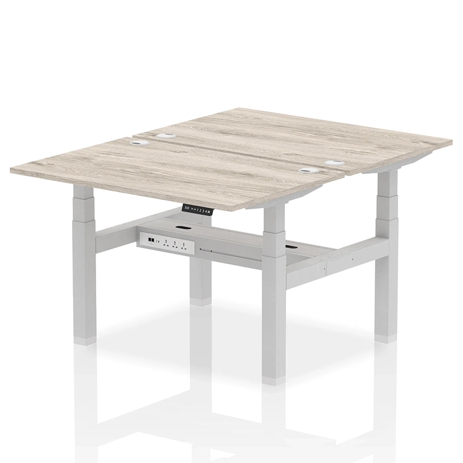 Air Back-to-Back Height Adjustable Bench Desk - 2 Person with cable ports W1200mm grey oak top with silver frame