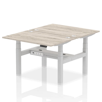 Air Back-to-Back Height Adjustable Bench Desk - 2 Person with cable ports W1200mm grey oak top with silver frame