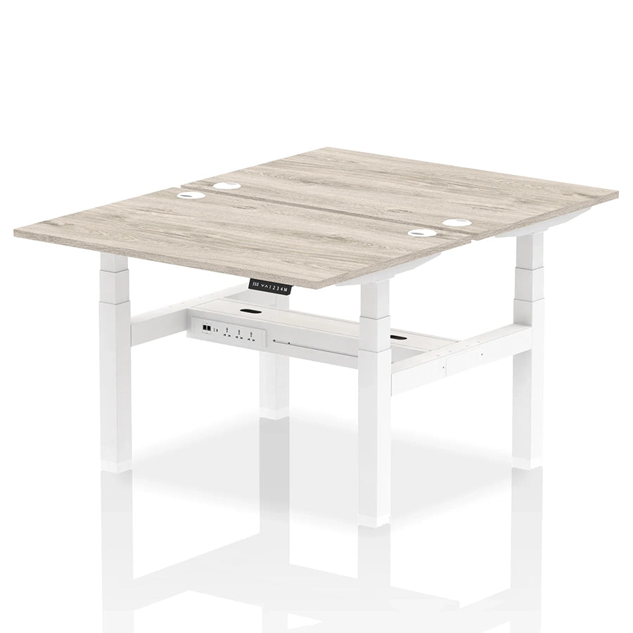 Air Back-to-Back Height Adjustable Bench Desk - 2 Person with cable ports W1200mm grey oak top with white frame