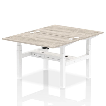 Air Back-to-Back Height Adjustable Bench Desk - 2 Person with cable ports W1200mm grey oak top with white frame
