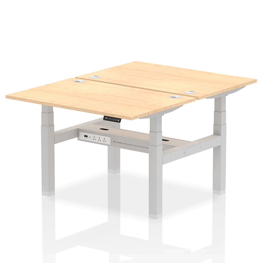 Air Back-to-Back Height Adjustable Bench Desk - 2 Person with cable ports W1200mm maple top with silver frame