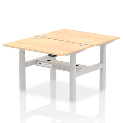 Air Back-to-Back Height Adjustable Bench Desk - 2 Person with cable ports W1200mm maple top with silver frame