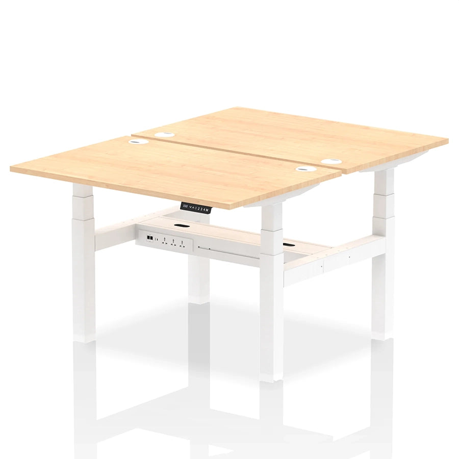 Air Back-to-Back Height Adjustable Bench Desk - 2 Person with cable ports W1200mm maple top with white frame