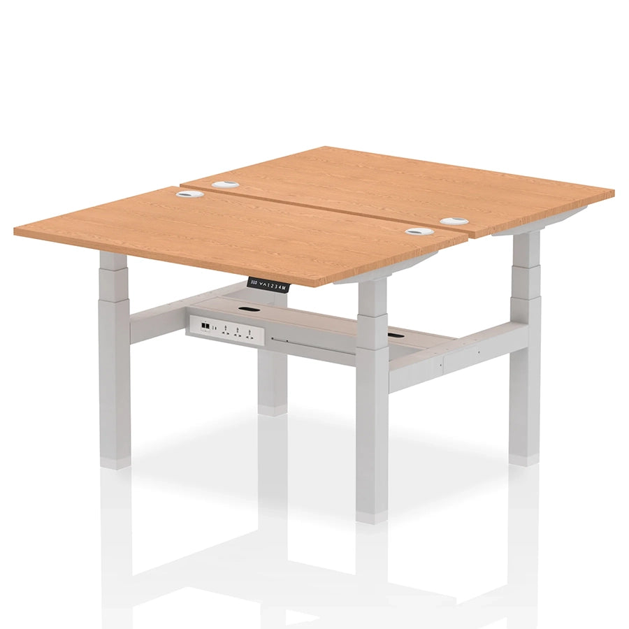 Air Back-to-Back Height Adjustable Bench Desk - 2 Person with cable ports W1200mm oak top with silver frame