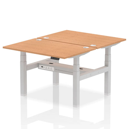 Air Back-to-Back Height Adjustable Bench Desk - 2 Person with cable ports W1200mm oak top with silver frame