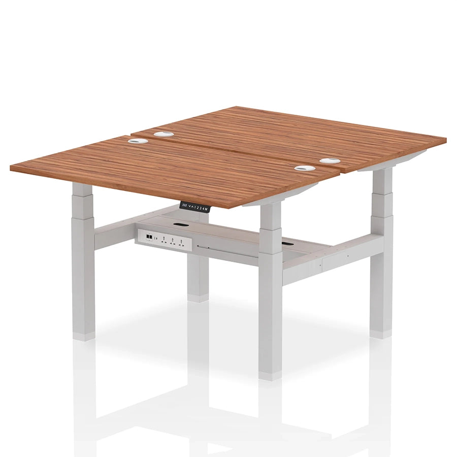 Air Back-to-Back Height Adjustable Bench Desk - 2 Person with cable ports W1200mm walnut top with silver frame