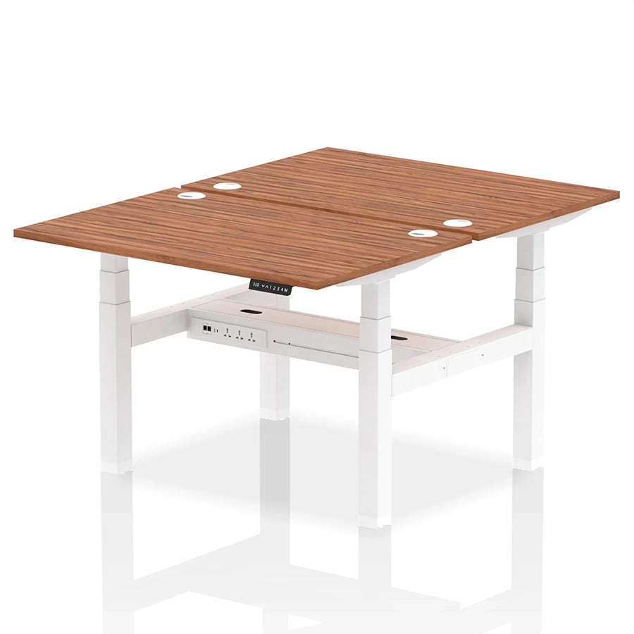 Air Back-to-Back Height Adjustable Bench Desk - 2 Person with cable ports W1200mm walnut top with white frame