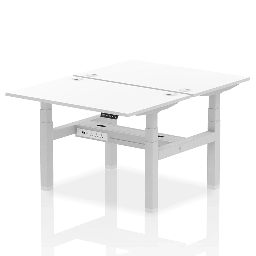 Air Back-to-Back Height Adjustable Bench Desk - 2 Person with cable ports W1200mm white top with silver frame