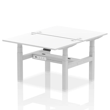 Air Back-to-Back Height Adjustable Bench Desk - 2 Person with cable ports W1200mm white top with silver frame